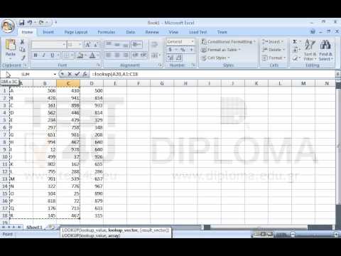 Use the Lookup function to display in the cell C20 the value of the Column C that corresponds to the letter of the Column A, according to the letter displayed in the A20 cell. The table range is A1:C18. 