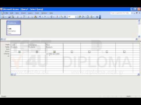 Create a new query based on the Products table that will display the Code, Description and Price fields (in the above order) and only the records which contain Price values from 1000 to 2000 (hint: Use between). Save the query as pricelevel2 and close it. Create a new query based on the Products table that will display the Code, Description and Price fields (in the above order) and only the records which contain Price values from 1000 to 2000 (hint: Use between). Save the query as pricelevel2 and close it.
