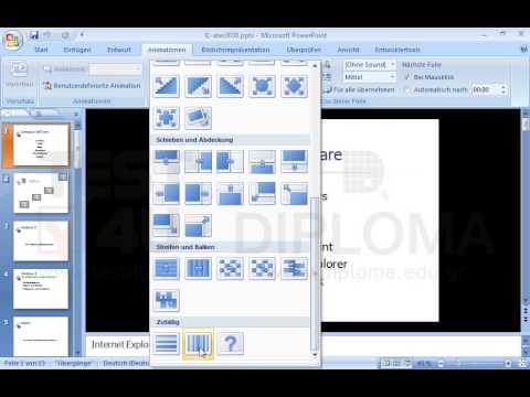 Übernehmen Sie in allen Präsentationsfolien einen solchen Effekt (Folienübergang), so dass bei der Bildschirmpräsentation die Folien schnell durch Vertikale Zufällige Balken automatisch nach 3 Sekunden angezeigt werden. 