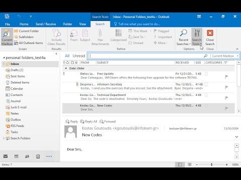 Use the Find command to locate all email messages which appear in the Personal Folders_test4u folder and in its subfolders, are sent to Infolearn and contain the word Free in their subject (do not close the find dialog window).