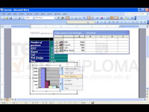 Use the entries from the 3rd to the 6th line of the table to create a clustered columns chart in 3-D format.
Use black borders, display value data type and display a legend on the bottom part of the chart. Place the chart just under the table. Use the entries from the 3rd to the 6th line of the table to create a clustered columns chart in 3-D format.
Use black borders, display value data type and display a legend on the bottom part of the chart. Place the chart just under the table.