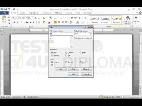 Insert two (2) tab stops on the first line of the document. Insert the first one approximately at 1" with left alignment and insert the second one, a decimal tab stop, approximately at 4"