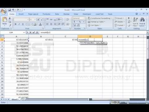 Insert the appropriate function in the cell range B1:B50 that rounds the values of column A to 4 decimal places. Insert the appropriate function in the cell range C1:C50 that rounds the values of column A to 2 decimal places. Insert the appropriate function in the cell range D1:D50 that rounds the values of column A to the left of the decimal point.