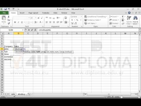 Display the sales of the Della company in the cell Â8 of the vlookup worksheet, with the use of the function vlookup. You will find the sales of the company in the SALES worksheet. Then reproduce the function up to the cell B12.