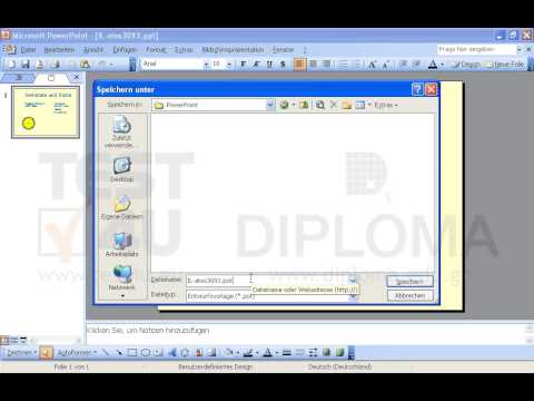 Speichern Sie die aktuelle Präsentation im Ordner Il-ates\PowerPoint, der sich auf dem Desktop befindet, als Vorlage unter dem Namen meinevorlage.pot