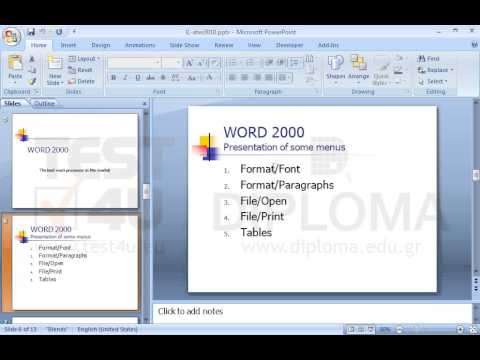 Navigate to the slide titled WORD 2000-Presentation of some menus. Then change the paragraph spacing of the bulleted list placeholder (before and after) into 0.3pt.