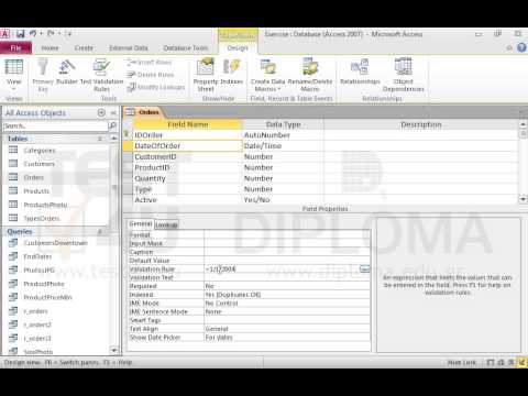 Apply the appropriate settings to the DateOfOrder field of the Orders table to allow entering dates greater than 01/01/2004 only. If the user attempts to enter other dates, the system will display message with the text Wrong date
Save the table. Apply the appropriate settings to the DateOfOrder field of the Orders table to allow entering dates greater than 01/01/2004 only. If the user attempts to enter other dates, the system will display message with the text Wrong date
Save the table.