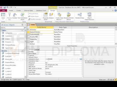 Apply the appropriate settings to the DateOfOrder field of the Orders table to allow entering dates greater than 01/01/2004 only. If the user attempts to enter other dates, the system will display message with the text Wrong date 
Save the table.