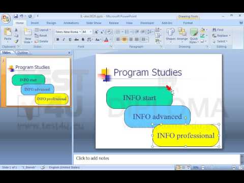 On the current slide place the drawing object which displays the text INFO professional in front of the object which displays the text INFO advanced.