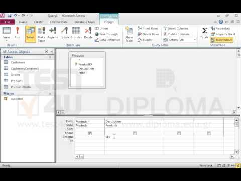 Create a new query to retrieve all fields from the Products table and all records which display the phrase MATRIX Y AUTO in their Description field. The Y character may be either 1 or 3. Make sure there is an empty space before and after the Y character. Use the like operator only once. Save the query.