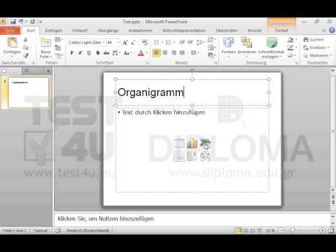 Ändern Sie das Layout der Präsentation auf Titel und Inhalt. Geben Sie als Titel der Folie das Wort Organigramm ein. Fügen Sie auch ein Organigramm ein. 