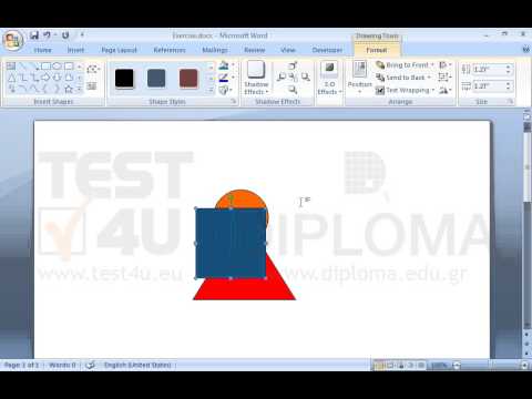 Insert a blue square on the current document. Place it one level in front of the circle and one level behind the triangle. Then group the objects. Insert a blue square on the current document. Place it one level in front of the circle and one level behind the triangle. Then group the objects.