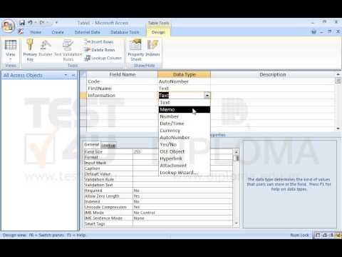 Create a new table to display the following fields:
1st field:Name: Code,type of data: AutoNumber
2nd field:Name: FirstName,type of data: Text.
3rd field:Name: Information,type of data: Memo. 
Save the table as Names and close it.