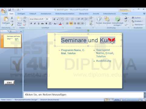 Im Titel der aktuellen Folie formatieren Sie die Worte Seminare und Kurse mit roter Schriftfarbe. Im Titel der aktuellen Folie formatieren Sie die Worte Seminare und Kurse mit roter Schriftfarbe.