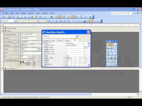 In the Customers form insert a check box that will be bound to the NewCustomer field. Enable the triple state property. Set the value Null to the Costas Goutoudis customer entry. Save the record. In the Customers form insert a check box that will be bound to the NewCustomer field. Enable the triple state property. Set the value Null to the Costas Goutoudis customer entry. Save the record.