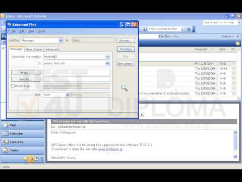 Use the Find command to locate all email messages in your Inbox (and in its subfolders) which display the word Secretary in their subject fields (do not close the Find dialog window). Use the Find command to locate all email messages in your Inbox (and in its subfolders) which display the word Secretary in their subject fields (do not close the Find dialog window).