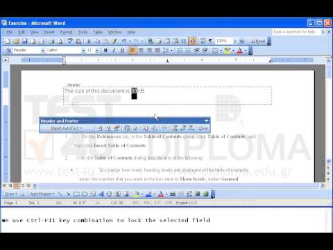 Navigate to the header of the document and insert a field to display the size of the file in kB between the words is and KB.
Then lock the field. Finally, delete only the field displaying the name of the author (not the entire text) from the footer of the document.