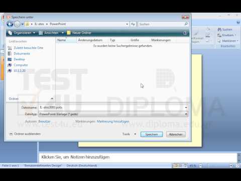 Speichern Sie die aktuelle Präsentation im Ordner Il-ates\PowerPoint, der sich auf dem Desktop befindet, als Vorlage unter dem Namen meinevorlage.potx