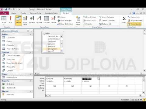 Create a new query named pelpro that will display the Surname, FirstName, Description fields (in the above order) from the r_orders query. Make sure the pelpro query displays Unique Values.