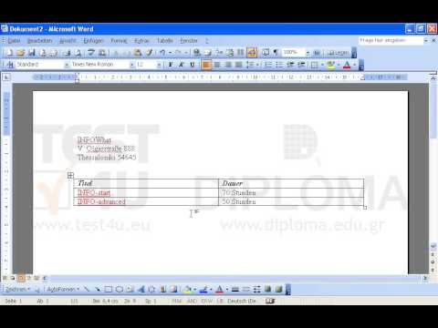 Erstellen Sie ein neues Dokument in Microsoft Word und geben Sie folgenden Text ein. Verwenden Sie die Schriftart Arial, Schriftgröße 12 Pt., fett und kursiv:
INFOWhatV. Olgasstraße 888Thessaloniki 54645
Fügen Sie zwei Leerzeilen ein.
Erstellen Sie eine Tabelle mit 3 Zeilen und 2 Spalten und geben Sie folgende Daten ein:
Titel
Dauer
INFO-start
70 Stunden
INFO-advanced
50 Stunden
Die Begriffe INFO-start und INFO-advanced sollen rot dargestellt werden; die Begriffe Titel und Dauer sollen fett und kursiv sein.
Fügen Sie am Ende der Tabelle einen manuellen Seitenumbruch ein. Auf der neuen Seite geben Sie den Text Fotos zentriert, fett und unterstrichen ein.
Fügen Sie das Foto tsitsanis.jpg aus dem Ordner IL-ates\Files im Desktop in die nächste Zeile zentriert ein.
Fügen Sie rechtsbündige Seitenzahlen in die Fußzeile des Dokuments ein.
Geben Sie den Text INFOWhat in den linken Teil der Kopfzeile des Dokuments ein.
Speichern Sie das Dokument unter dem Namen test1.doc in den Ordner IL-ates\Files im Desktop und beenden Sie die Anwendung. Erstellen Sie ein neues Dokument in Microsoft Word und geben Sie folgenden Text ein. Verwenden Sie die Schriftart Arial, Schriftgröße 12 Pt., fett und kursiv:
INFOWhatV. Olgasstraße 888Thessaloniki 54645
Fügen Sie zwei Leerzeilen ein.
Erstellen Sie eine Tabelle mit 3 Zeilen und 2 Spalten und geben Sie folgende Daten ein:
Titel
Dauer
INFO-start
70 Stunden
INFO-advanced
50 Stunden
Die Begriffe INFO-start und INFO-advanced sollen rot dargestellt werden; die Begriffe Titel und Dauer sollen fett und kursiv sein.
Fügen Sie am Ende der Tabelle einen manuellen Seitenumbruch ein. Auf der neuen Seite geben Sie den Text Fotos zentriert, fett und unterstrichen ein.
Fügen Sie das Foto tsitsanis.jpg aus dem Ordner IL-ates\Files im Desktop in die nächste Zeile zentriert ein.
Fügen Sie rechtsbündige Seitenzahlen in die Fußzeile des Dokuments ein.
Geben Sie den Text INFOWhat in den linken Teil der Kopfzeile des Dokuments ein.
Speichern Sie das Dokument unter dem Namen test1.doc in den Ordner IL-ates\Files im Desktop und beenden Sie die Anwendung.