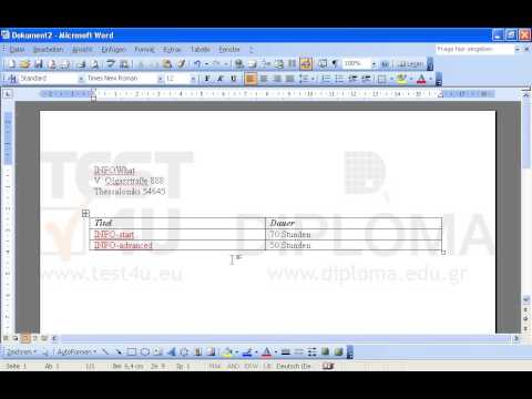 Erstellen Sie ein neues Dokument in Microsoft Word und geben Sie folgenden Text ein. Verwenden Sie die Schriftart Arial, Schriftgröße 12 Pt., fett und kursiv:
INFOWhatV. Olgasstraße 888Thessaloniki 54645 
Fügen Sie zwei Leerzeilen ein.
Erstellen Sie eine Tabelle mit 3 Zeilen und 2 Spalten und geben Sie folgende Daten ein:




Titel
Dauer

INFO-start
70 Stunden

INFO-advanced
50 Stunden
Die Begriffe INFO-start und INFO-advanced sollen rot dargestellt werden; die Begriffe Titel und Dauer sollen fett und kursiv sein.
Fügen Sie am Ende der Tabelle einen manuellen Seitenumbruch ein. Auf der neuen Seite geben Sie den Text Fotos zentriert, fett und unterstrichen ein.
Fügen Sie das Foto tsitsanis.jpg aus dem Ordner IL-ates\Files im Desktop in die nächste Zeile zentriert ein.
Fügen Sie rechtsbündige Seitenzahlen in die Fußzeile des Dokuments ein.
Geben Sie den Text INFOWhat in den linken Teil der Kopfzeile des Dokuments ein.
Speichern Sie das Dokument unter dem Namen test1.doc in den Ordner IL-ates\Files im Desktop und beenden Sie die Anwendung.