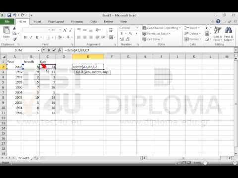 Insert an appropriate function in the cell E2 to return the date for the values of the cell range A2:C2. Reproduce the function in the cell range E3:E11.