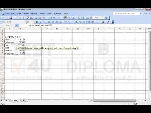 Display the sales of the Della company in the cell Â8 of the vlookup worksheet, with the use of the function vlookup. You will find the sales of the company in the SALES worksheet. Then reproduce the function up to the cell B12.
