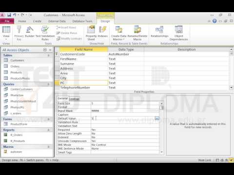 In the PC field of the Customers table set the appropriate property to require data entry in this field. Use 54645 as default value of the field. Save and close the table.