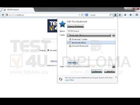 Add the current page as test4u_search_main to a new subfolder you will create under the name test4ufolder in Bookmarks Menu folder in Bookmarks. Add the current page as test4u_search_main to a new subfolder you will create under the name test4ufolder in Bookmarks Menu folder in Bookmarks.