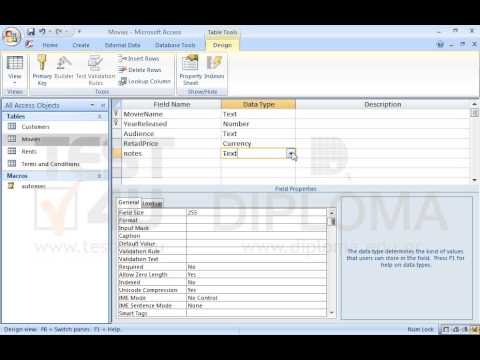 Insert one more field named notes in the Movies table. Make sure the field is set to hold a text of 1000 or more characters. Save and close the table.