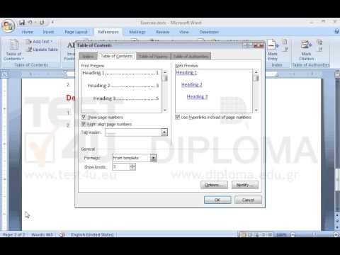 Insert a Table of Contents in fancy format at the end of the document. Apply page numbering on the right and use underscores as tab leader.