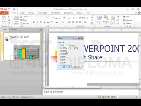 Change the zoom percentage of the current slide to 40%. Change the zoom percentage of the current slide to 40%.