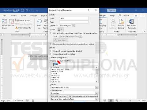 Insert a Date Picker Content Control with Title DATE and date formatting d/M/yy. Insert a Date Picker Content Control with Title DATE and date formatting d/M/yy.