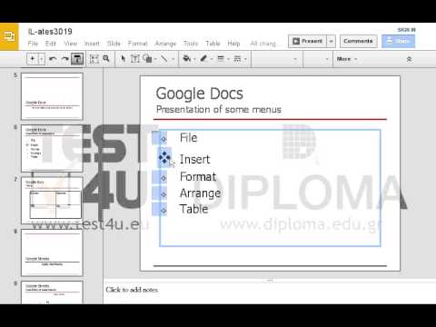 Navigate to the slide titled Google Docs Presentation of some of its menus. Then change the style of the bullet appearing before the text Insert so that it is identical to the style of the first bulleted text File.