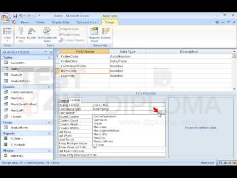 Set the display control as combo box in the ItemCode field of the Orders table. Make sure the Row Source Type property is set to Table/Query and the data are derived from the Products table, the column count is 2 and the column heads are displayed. Save and close the table.