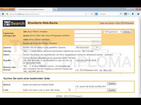 Suchen Sie über die Erweiterte Suche nach den Webseiten, die einen Link zur Webseite www.test4u.gr/index.php enthalten. Bevor Sie auf Absenden drücken, stellen Sie sich sicher, dass die Seite mit den Ergebnissen angezeigt wird. 