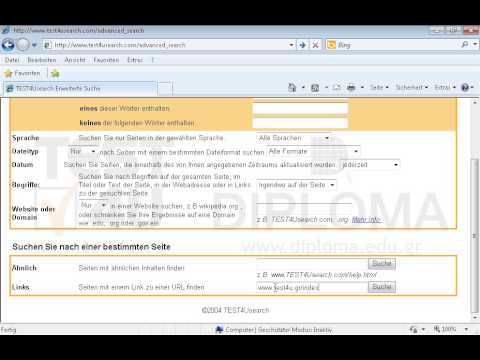 Suchen Sie über die Erweiterte Suche nach den Webseiten, die einen Link zur Webseite www.test4u.gr/index.php enthalten. Bevor Sie auf Absenden drücken, stellen Sie sich sicher, dass die Seite mit den Ergebnissen angezeigt wird. 