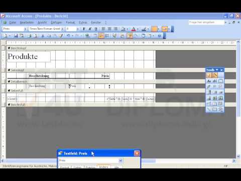 Löschen Sie das Textfeld ID  im Bericht Produkte vom Detailbereich und der entsprechenden Bezeichnung. Formatieren Sie das Textfeld Preis im Standardzahl mit 2 Dezimalstellen. Speichern und schließen Sie den Bericht. 
