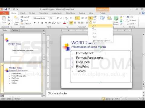 Navigate to the slide titled WORD 2000-Presentation of some menus. Then change the paragraph spacing of the bulleted list placeholder (before and after) into 0.3pt. Navigate to the slide titled WORD 2000-Presentation of some menus. Then change the paragraph spacing of the bulleted list placeholder (before and after) into 0.3pt.