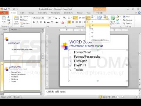 Navigate to the slide titled WORD 2000-Presentation of some menus. Then change the paragraph spacing of the bulleted list placeholder (before and after) into 0.3pt.