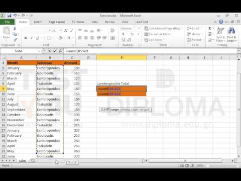 Navigate to the SALES worksheet and insert a function in the cell E9 which derives data from the cell range C5:C24, in order to calculate the sum of sales achieved by the salesman Lambropoulos. Navigate to the SALES worksheet and insert a function in the cell E9 which derives data from the cell range C5:C24, in order to calculate the sum of sales achieved by the salesman Lambropoulos.