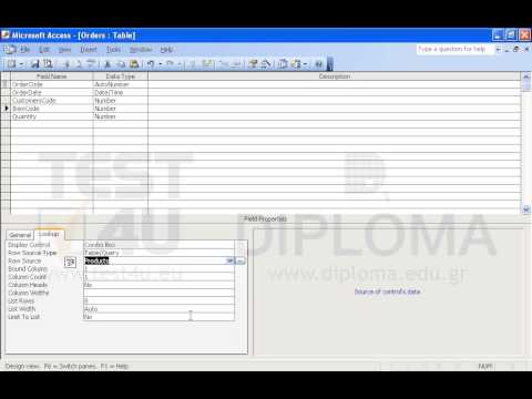 Set the display control as combo box in the ItemCode field of the Orders table. Make sure the Row Source Type property is set to Table/Query and the data are derived from the Products table, the column count is 2 and the column heads are displayed. Save and close the table.