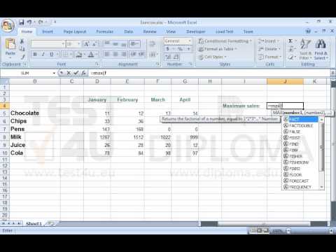 Navigate to the cell J4 and insert there the appropriate function to display the maximum value of the cell range F5:F10. Navigate to the cell J4 and insert there the appropriate function to display the maximum value of the cell range F5:F10.