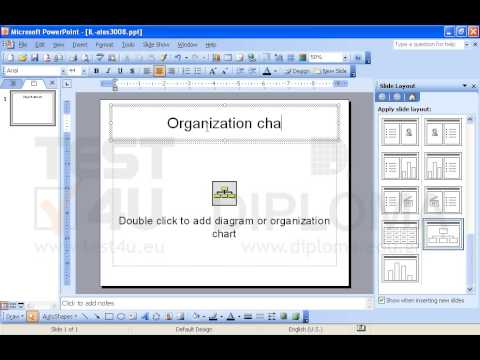 Change the slide layout so that it holds a Title and an Organization Chart. Use the text Organization Chart as title of the slide and insert an organization chart into the slide.