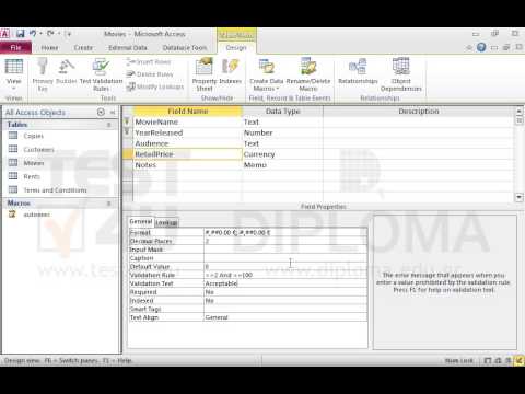 Apply a validation rule to the RetailPrice field in the Movies table to allow entering only prices equal to or higher than 2 and equal to or lower than 100. When the user types different prices, the system will return the message Acceptable values from 2 to 100
Save and close the table. Apply a validation rule to the RetailPrice field in the Movies table to allow entering only prices equal to or higher than 2 and equal to or lower than 100. When the user types different prices, the system will return the message Acceptable values from 2 to 100
Save and close the table.