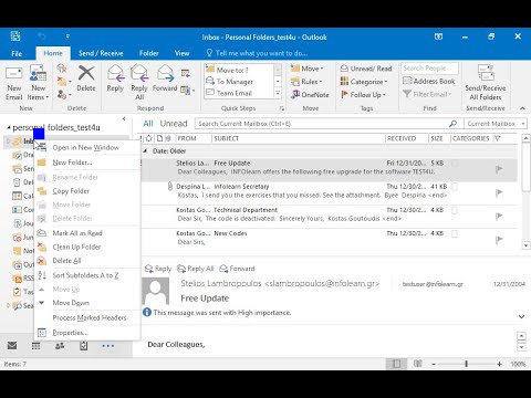 Erstellen Sie einen Unterordner mit dem Namen Technische Abteilung im Ordner Posteingang. Verschieben Sie dann die Nachricht von Kostas Goutoudis mit dem Betreff Neue Codes aus dem Ordner Posteingang in den Unterordner Technische Abteilung. 