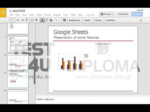 On the slide titled Google Sheets Presentation of some features delete the text box containing the text Graphs creation. On the slide titled Google Sheets Presentation of some features delete the text box containing the text Graphs creation.