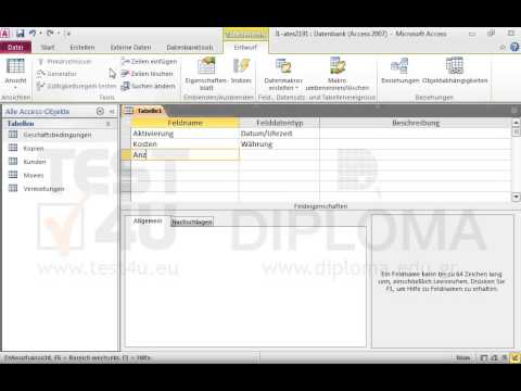 Erstellen Sie eine neue Tabelle mit folgenden Feldnamen und Felddatentypen:
Erstes Feld:Name: Aktivierung, Datentyp: Datum/Uhrzeit.
Zweites Feld:Name: Kosten, Datentyp: Währung.
Drittes Feld:Name: Anzahl, Datentyp: Zahl.
Speichern Sie die Tabelle unter dem Namen Gebühren und schließen Sie sie. Erstellen Sie eine neue Tabelle mit folgenden Feldnamen und Felddatentypen:
Erstes Feld:Name: Aktivierung, Datentyp: Datum/Uhrzeit.
Zweites Feld:Name: Kosten, Datentyp: Währung.
Drittes Feld:Name: Anzahl, Datentyp: Zahl.
Speichern Sie die Tabelle unter dem Namen Gebühren und schließen Sie sie.