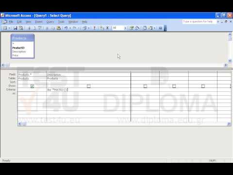 Create a new query to retrieve all fields from the Products table and all records which display the phrase MATRIX Y AUTO in their Description field. The Y character may be either 1 or 3. Make sure there is an empty space before and after the Y character. Use the like operator only once. Save the query.