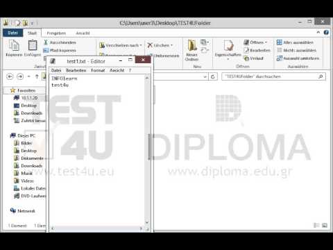 Öffnen Sie die Datei test1.txt, die sich im Ordner TEST4UFolder auf dem Desktop befindet. Fügen Sie in die zweite Zeile den Text test4u ein. Speichern und schließen Sie die Datei. 